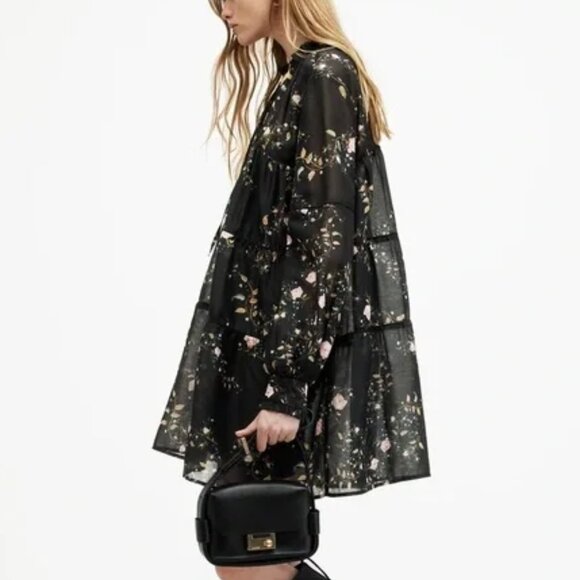 All Saints Dresses & Skirts - AllSaints Mindy Black Floral Trapeze Short Dress Sheer Whimsigoth Fairycore 6